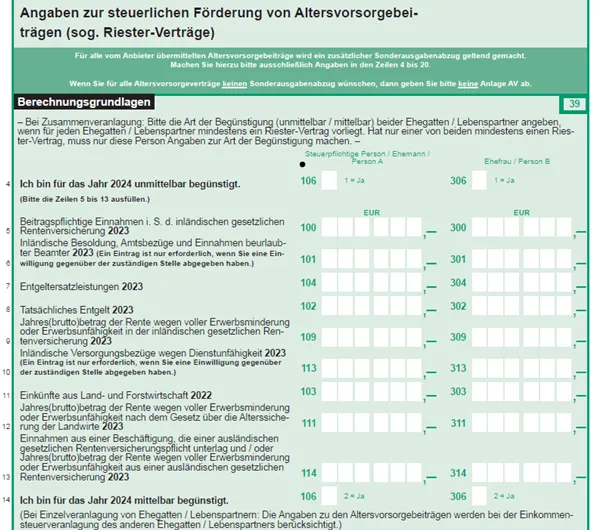Auszug aus der Anlage AV zu den Berechnungsgrundlagen für das Jahr 2024 Zeile 4 bis 14