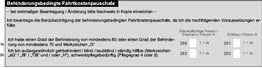 Auszug Formular: Behinderungsbedingte Fahrtkostenpauschale